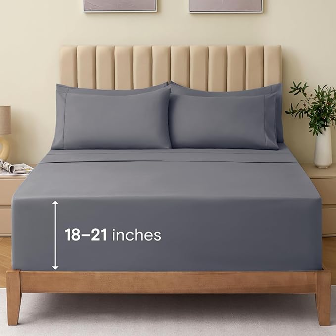 LuxClub 4 PC Extra Deep Pocket King Sheet Set, Wrinkle Free Cooling Bed Sheets Hotel Bedding for Women, Men, Includes 1 Fitted Sheet, 1 Flat Sheet and 2 Pillowcases- Light Grey