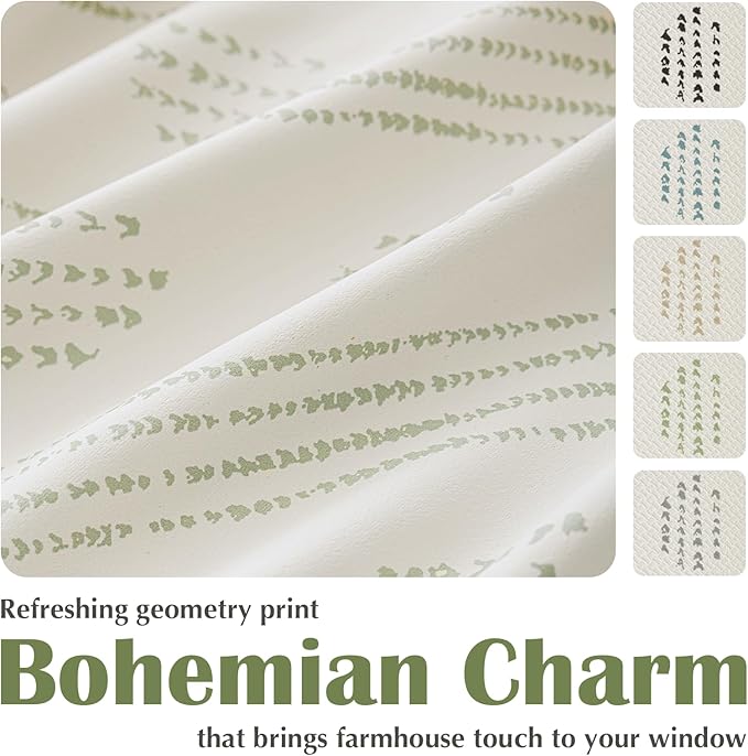 100% Boho Blackout Curtains 63 Inches Long for Bedroom, Green on Beige Patterned Bohemian Curtains for Living Room, Geometric Striped Thermal Insulated Window Drapes Gromment Top 2 Panels