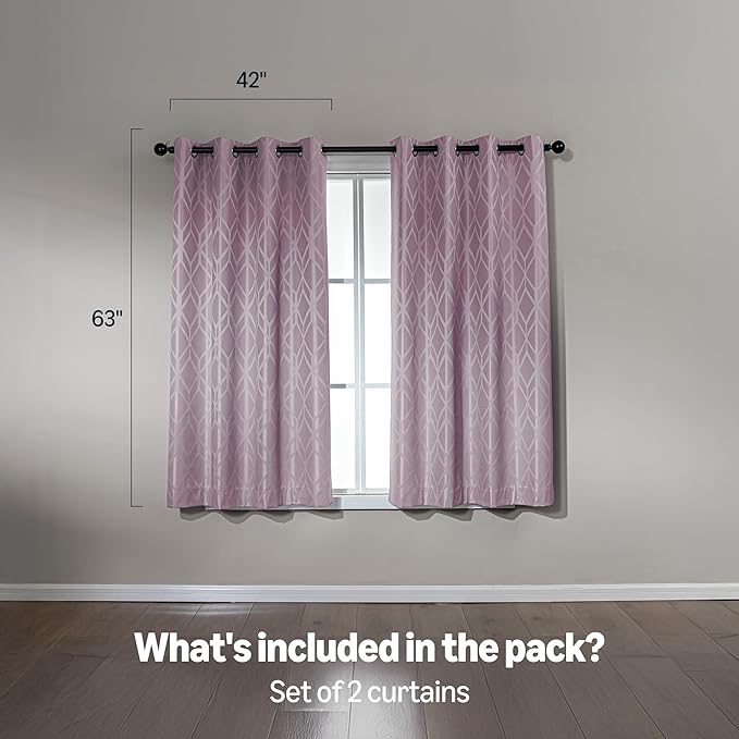 Amazon Basics Jacquard 2-Piece 100% Blackout Curtains, Living Room and Bedroom Drapes, Thermal Insulated Window Treatment, 42"x63", Pink