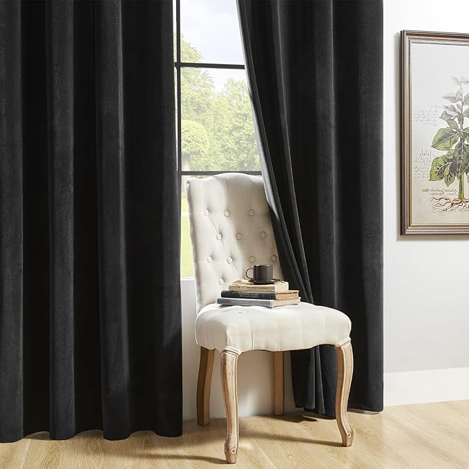 Joydeco Velvet Curtains Extra Wide, Long Luxury Black Blackout Thermal Insulated Rod Pocket Window Curtains, Super Soft Room Darkening Drapes for Living Room Bedroom, W100 x L96 Inch, Black