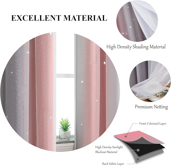 Star Blackout Curtains for Bedroom - Cute Kids Rainbow Curtains, 72 Inch Long 2 Panels, Pink & Grey, 52 x 72 Inch