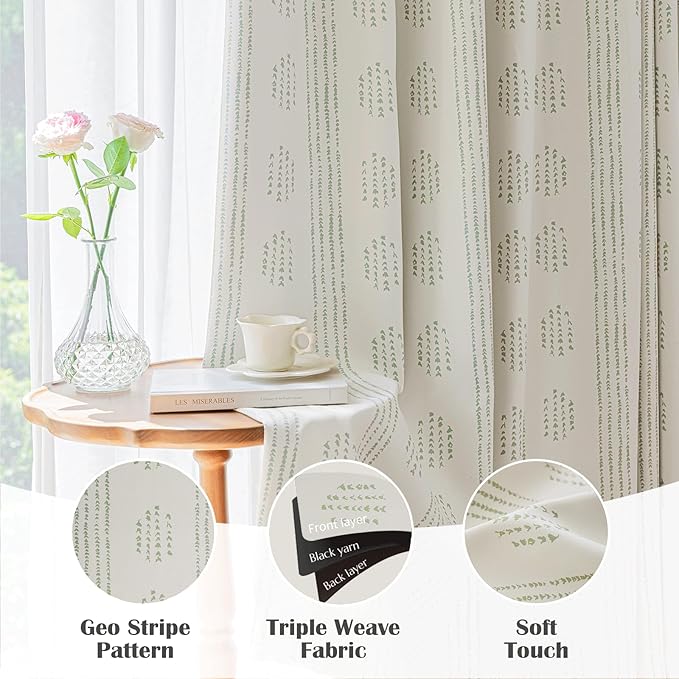 100% Boho Blackout Curtains 84 Inches Long for Bedroom, Green on Beige Patterned Bohemian Curtains for Living Room, Geometric Striped Thermal Insulated Window Drapes Gromment Top 2 Panels
