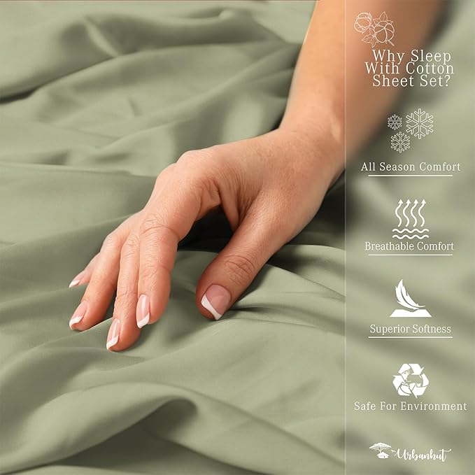 URBANHUT 800 Thread Count 100% Cotton King Size Sheets, Luxury 4 Piece King Bedsheets, Hotel Sheets Sateen Finish - Better Than Egyptian, 16" Elasticized Deep Pocket - Sage