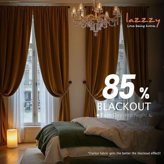 Lazzzy Velvet Blackout Curtains Thermal Insulated Room Window Drapes Super Soft Luxury Curtains for Living Room Bedroom Rod Pocket 2 Panels, Gold Brown, 52" W x 96" L