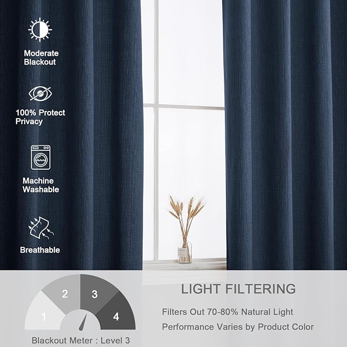 Linen Curtains 205 inch Length 2 Panels for High Ceiling Extra Long Thick Faux Linen Window Drapes Burlap Textured Curtains with Grommet for 2 Story High Living Room (52x205 Navy)