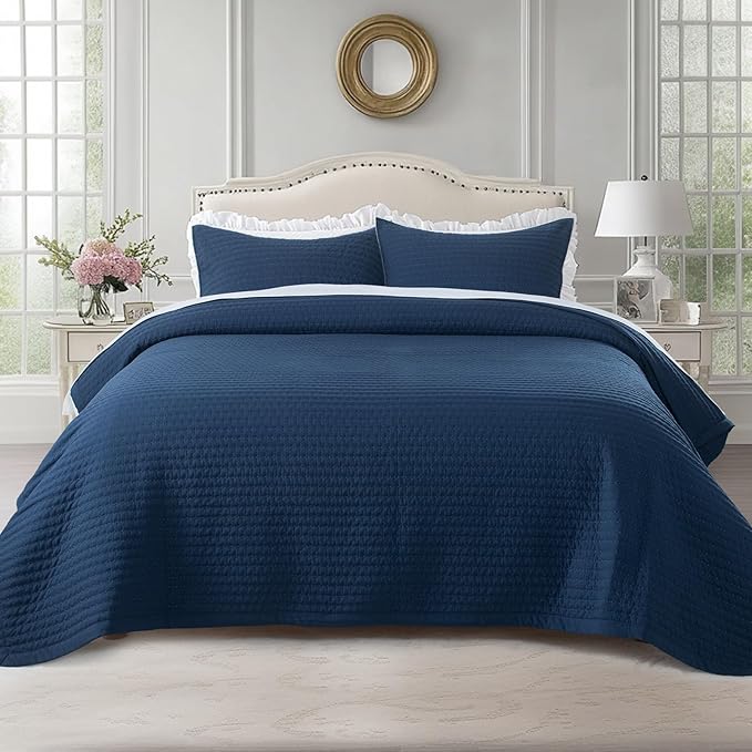 KASENTEX King Quilt Set 104"x90" – Soft Washed 3-Layer Lightweight Bedspread, Minimalist Nordic Design, All-Season Spring & Summer Quilt Set (1 Quilt + 2 Pillow Shams),Dress Dark Blue