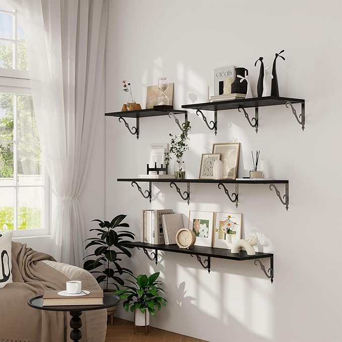 Dreamland Deep Floating Shelves, 16" W x 12" D Wall Shelves Set of 2, Wide Display Shelf Wall Mounted with Brackets, Bookshelf for Living Room, Bathroom, Bedroom, Black