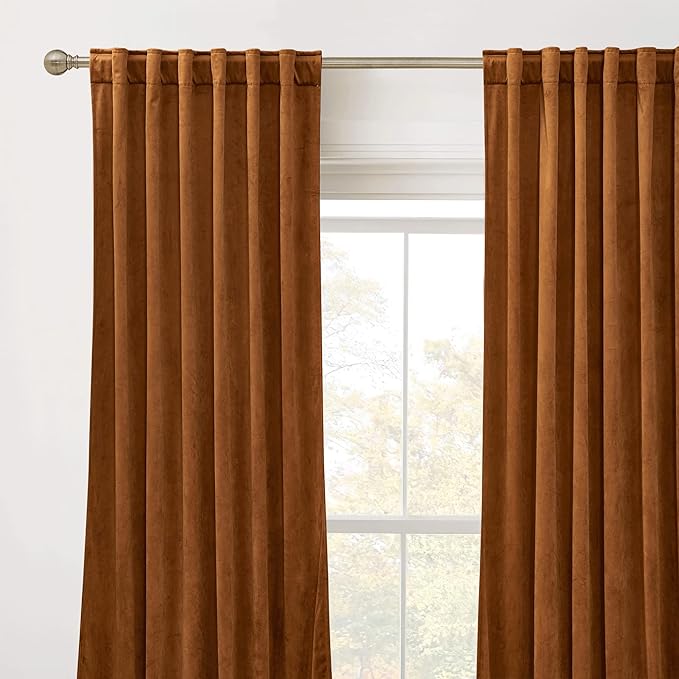 RYB HOME Plush Velvet Curtains 96 inches, Heavy Duty Back Tab Decorative Window Drapes Privacy Room Darkening Covering for Living Room Playroom, Golden Oak, W52 x L96 inches, 2 Panels