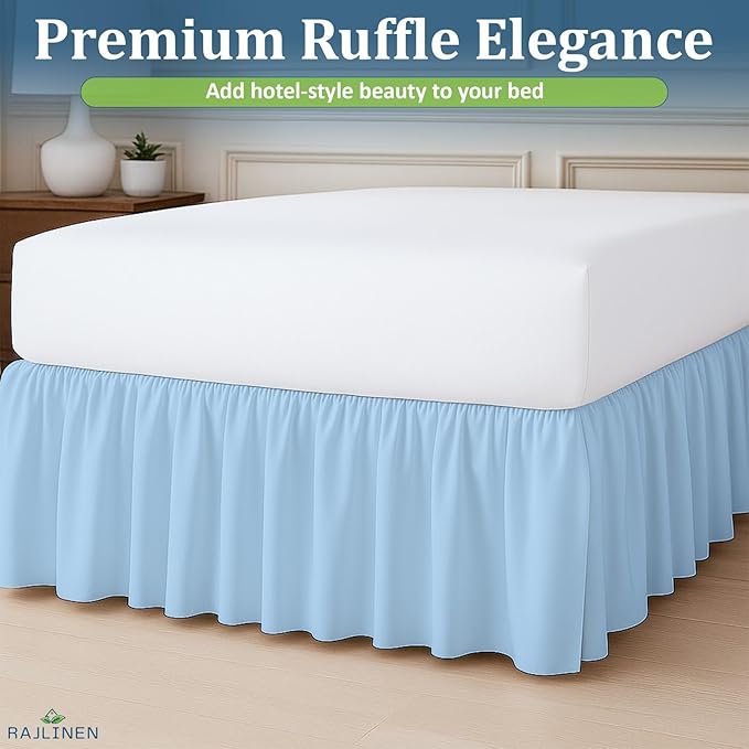 Rajlinen Ruffled Bed Skirt Twin, 8 Inch Drop Dust Ruffle with Split Corners, 100% Microfiber Bedskirt with Platform, Three-Sided Coverage Ruffled Gathering Design, Light Blue