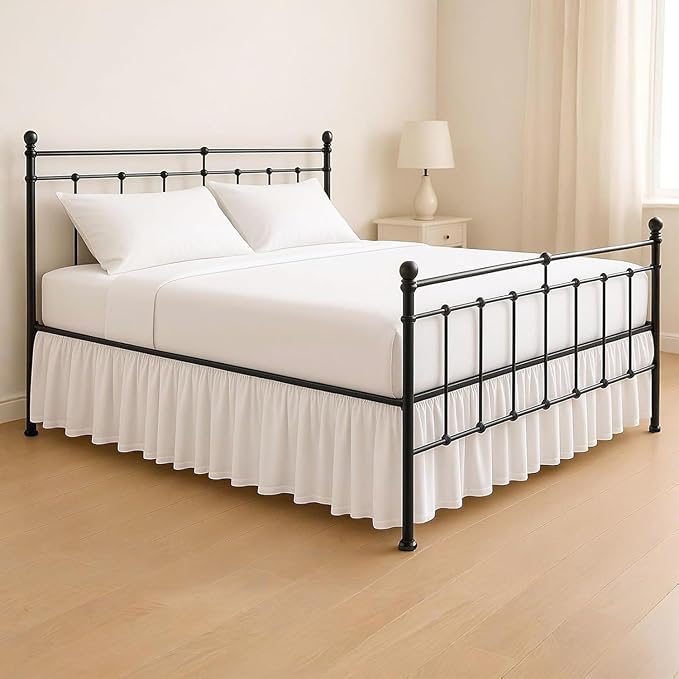 KRISHNA Ruffled Bed Skirt with Split Corners King, 100% Microfiber Hotel Quality, 15 Inch Drop Dust Ruffle Gathered Bedskirt with Platform, 78" x 80", White Stripe