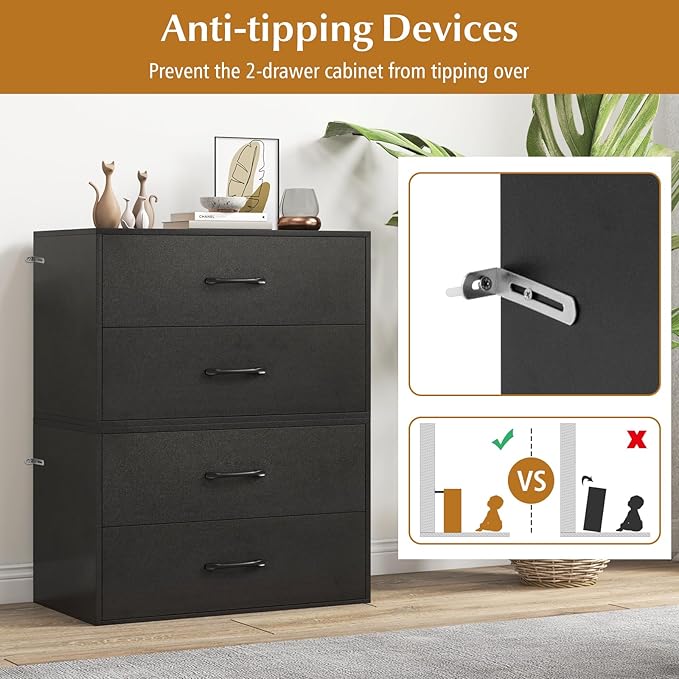 Giantex Stackable Drawers for Closet, 2-Drawer Short Dresser, Multi-Purpose Storage Cube with Anti-Scratch Pads, Anti-Tipping Devices, Storage Cabinet for Living Room, Entryway, Home Office (2, Black)