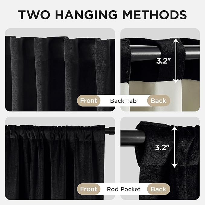 Joydeco Black 100% Blackout Curtains 108 Inch 2 Panels, Luxury Thermal Insulated Black Velvet Curtains for Bedroom Living Room, Soundproof Blackout Window Drapes, Rod Pocket & Back Tab (42W x 108L)