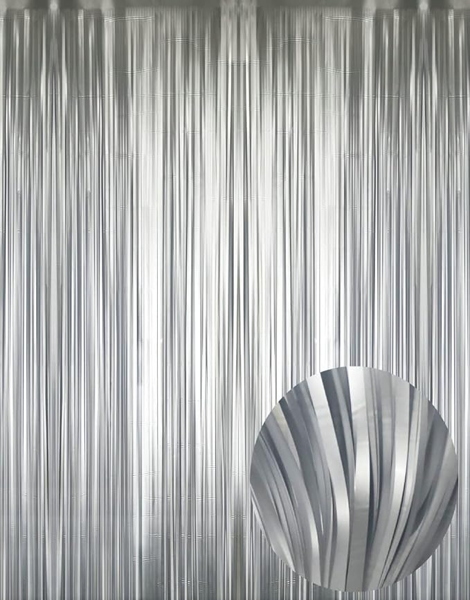 GOER 3.2 ft x 8.2 ft Metallic Tinsel Foil Fringe Curtains,Party Streamer Backdrop for Birthday,Graduation Decorations and New Year Eve (2 Pcs,Matte Silver,Thick Material)