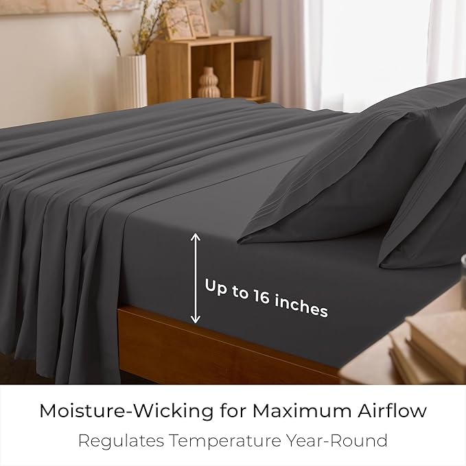 Mellanni Full Sheet Set - 6-Piece Iconic Collection Bedding, (Including 4 Pillowcases), 16-Inch Deep Pocket, Easy Care, Extra Soft, Cooling Sheets, Brushed Microfiber - Gray