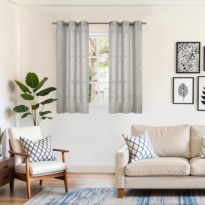 YoungsTex Dark Grey Linen Curtains 48 Inch Length for Short Window, Light Filtering Semi Sheer Drapes with Bronze Grommet for Living Room Kitchen Bathroom Bedroom, 2 Panels, 42 X 48 Inch