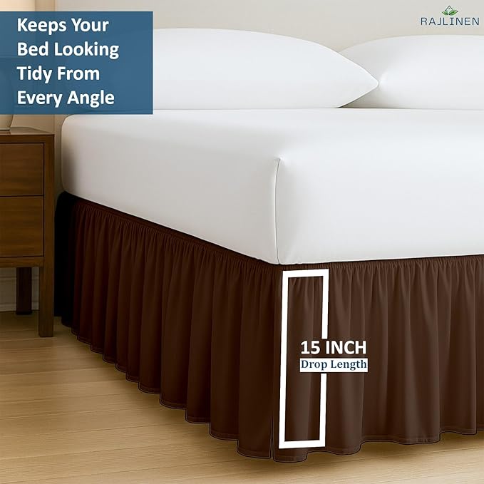 Rajlinen Ruffled Bed Skirt Full XL, 15 Inch Drop Dust Ruffle with Split Corners, 100% Microfiber Bedskirt with Platform, Three-Sided Coverage Ruffled Gathering Design, Chocolate
