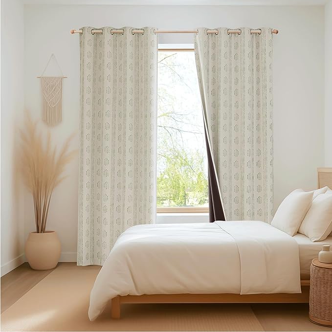 100% Boho Blackout Curtains 84 Inches Long for Bedroom, Green on Beige Patterned Bohemian Curtains for Living Room, Geometric Striped Thermal Insulated Window Drapes Gromment Top 2 Panels