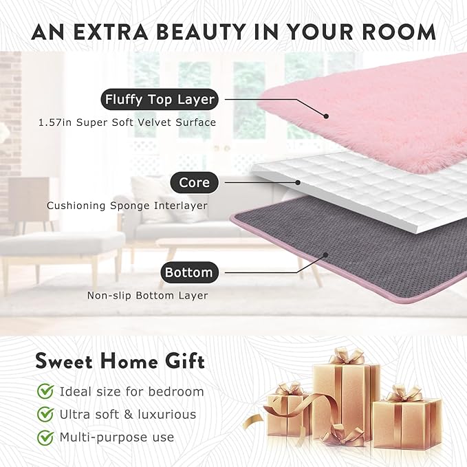 Large Shag Rugs 6 x 9, Pink Area Rug for Girls Kids Living Room Bedroom, Soft Fluffy Fuzzy Plush Carpet, Anti-Skid Shaggy Rug for Home Decor Aesthetic