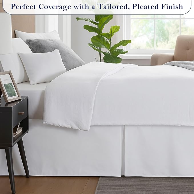 Twin Bed Skirt, Luxury 15 Inch Drop White Pleated Bed Skirt, Double Brushed Microfiber, Box Pleat Design, Wrinkle & Fade Resistant, Easy Fit Tailored Bedskirt for Twin Size Beds