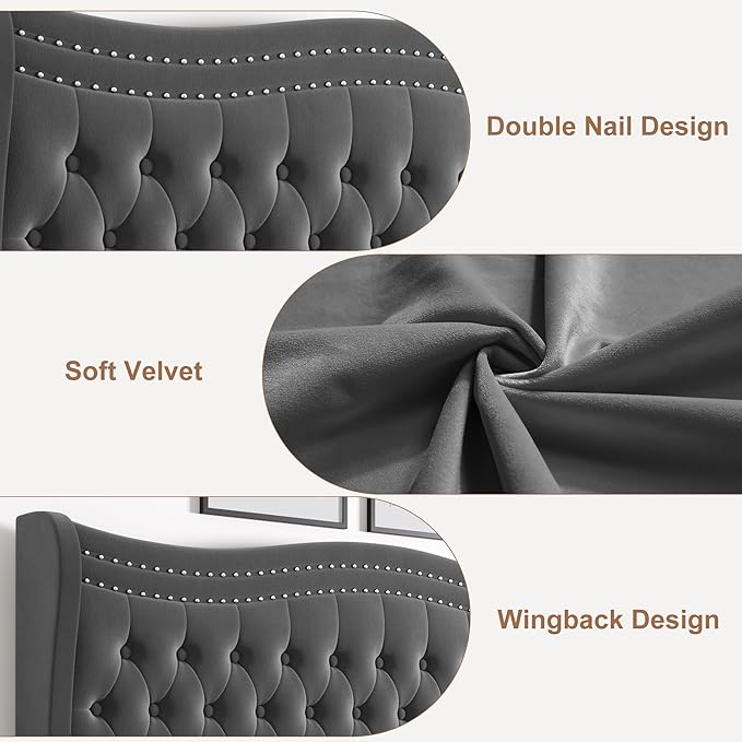 King Bed Frame with Tall Headboard & Footboard, Velvet Upholstered Platform Bed Frame with Deep Button Tufted Wingback, No Box Spring Needed, Noise Free, Grey