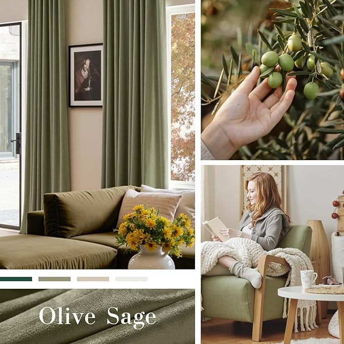 Lazzzy Green Blackout Velvet Curtains 96 Inches Long Thermal Insulated Room Darkening Lined Curtain Drapes Luxury Back Tab Window Treatments for Bedroom Living Room 2 Panels, 52 x 96 Inch, Olive Sage