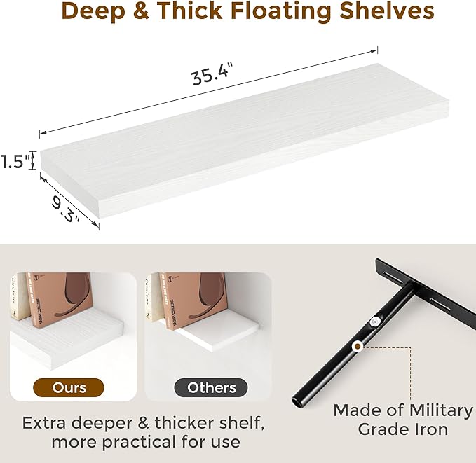 Fun Memories Floating Shelves for Wall, 36 x 9.3 Large Floating Shelf Wall Mounted Set of 2, Rustic Wood Shelves for Bathroom, Kitchen, Living, Heavy-Duty Storage Deep Shelf for Books, Decor, White