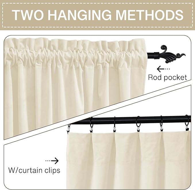 StangH Ivory White Velvet Curtains - Short Curtains 63 inches Length for Kitchen, Sound Reducing Privacy Protect Drapes for Office/Study Room, W52 x L63, Ivory, 2 Panels