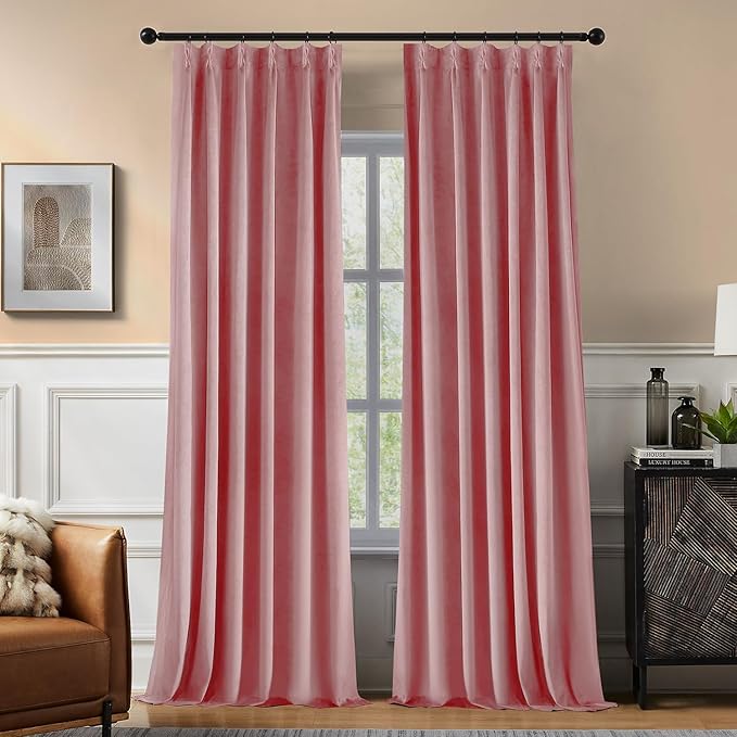 Pinch Pleated 100% Blackout Curtains for Bedroom, Pink Velvet Curtains for Living Room, Black Out Curtain 84 inch Long Room Darkening, Blackout Pinch Pleat Drapes with Hooks 2 Panels