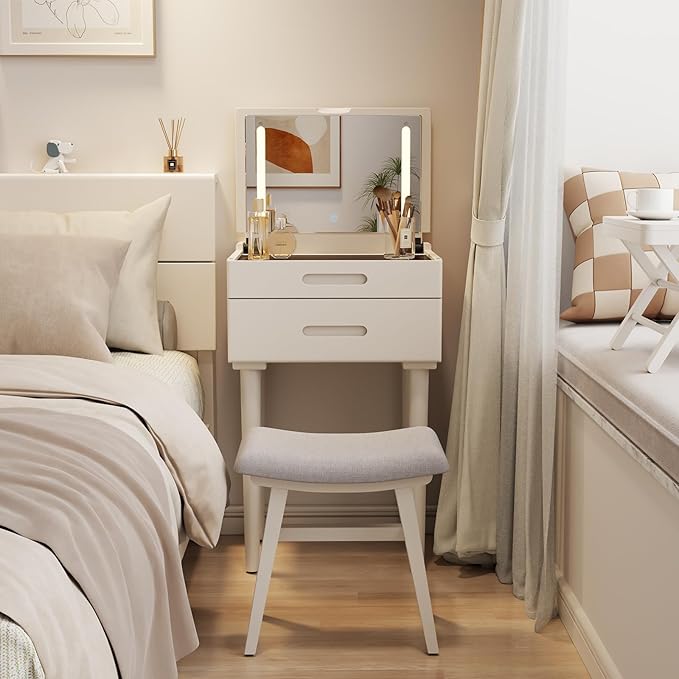 Solid Wood Small Vanity Desk with Mirror and Lights, Narrow Makeup Vanity for Small Space, Flip Top Vanity Side Table, 3 Color Modes & Adjustable Brightness, 19.6" Slim Dressing Table, White