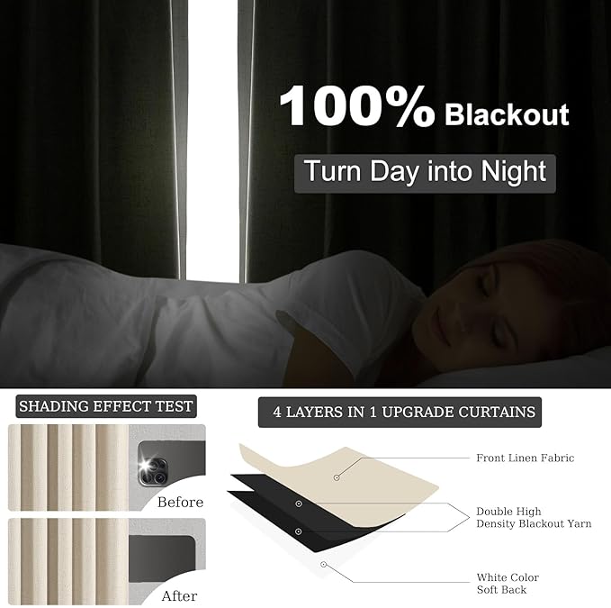 Topfinel 105 Inches Long Custom Black Out Thick Linen Drapery Panels, Ivory Cream Pinch Pleated Heat Reflective Cottage Curtains with Pin Hooks, Luxury Lined Back Tab Drapes 2 Panels for Living Room