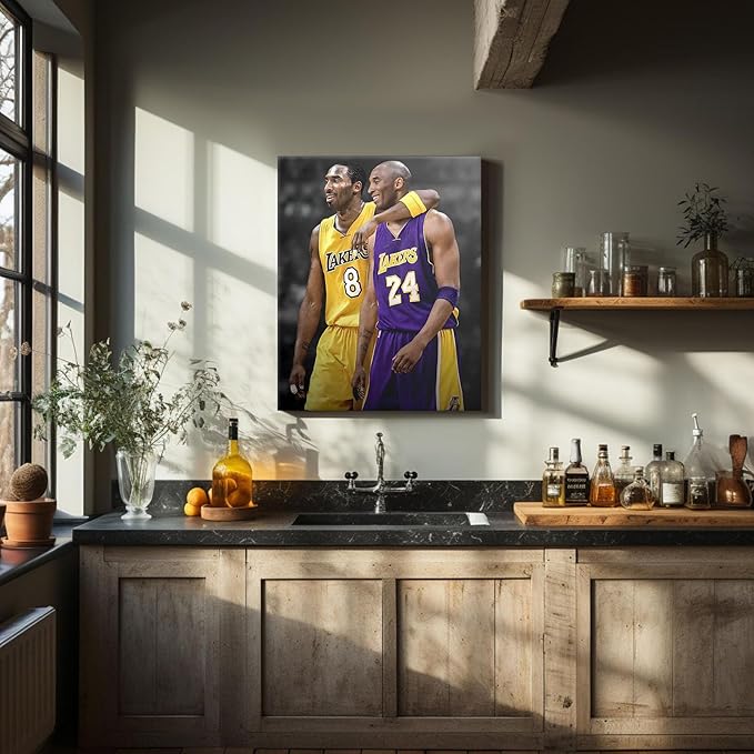 Kobe Bryant Canvas Wall Art Print Poster, Iconic Basketball Player Dual-Era Tribute Artwork, No. 8 and No. 24 Jersey Mamba Mentality Wall Decor for Home Gym Dorm Office Living Room, Framed 16x20inch