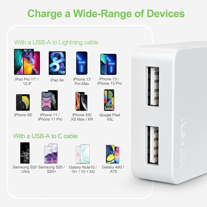 Nekmit Dual Port Ultra Thin Flat USB Wall Charger with Smart IC, White
