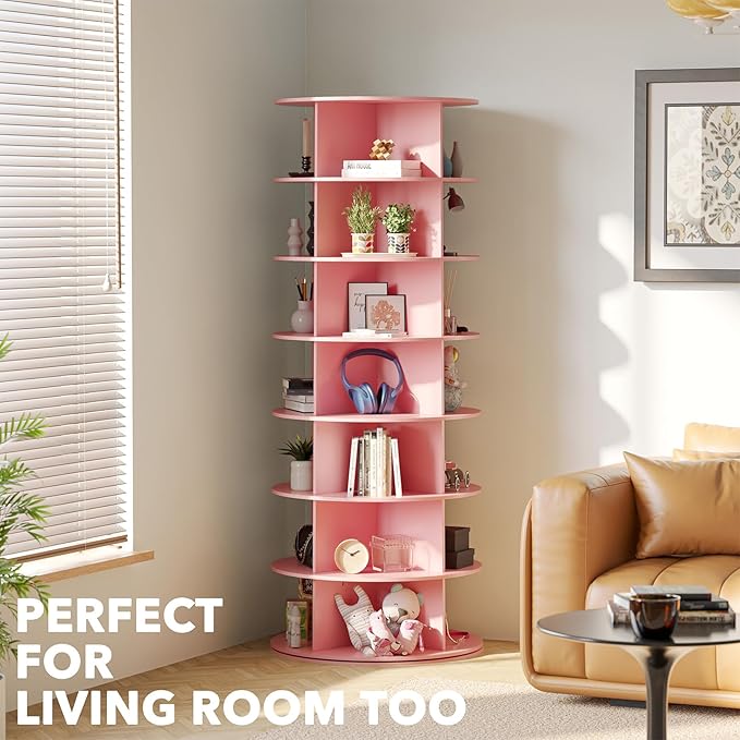 SpaceAid 7 Tier Rotating Shoe Rack Tower, Spinning Shoe Display Lazy Susan, Revolving 360 Shoe Rack Storage Round Carousel, Vertical Handbag Rotate Shoes Closet Organization (7-Tier Pink)