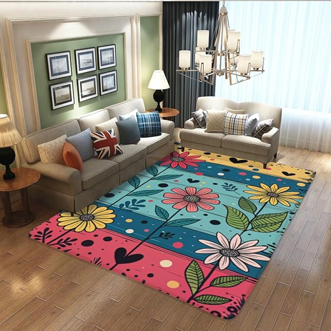 Machine Washable 2' x 3' Folk Art Print Style Area Rug, Flowers Floor mat, Suitable for bedrooms, Girls' Room Bedside, Living Room, Dining Room, Office, Non-Slip Low-Pile Retro, Fashionable Carpet