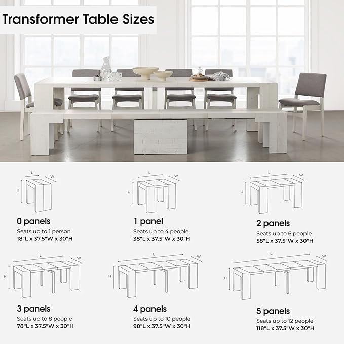 Transformer Table - Solid Wood Extendable Dining Table, Seats 2-12, Extendable Dining Room Table, Space-Saving Furniture, Expandable Dining Furniture (White, Table + Bench + 4 Chairs)