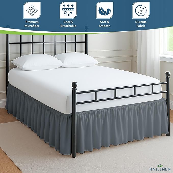 Rajlinen Ruffled Bed Skirt California King, 8 Inch Drop Dust Ruffle with Split Corners, 100% Microfiber Bedskirt with Platform, Three-Sided Coverage Ruffled Gathering Design, Dark Grey