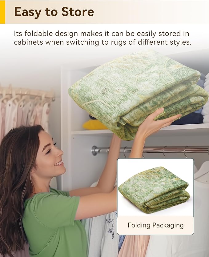 Area Rugs Square 8ft Washable Non-Slip, Floral Vintage Distress Print Pattern Medallion Carpet for Living Room Bedroom Dining Room, Sage Green Yellow