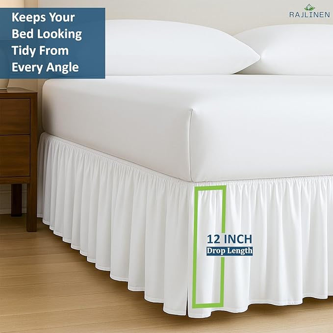 Rajlinen Ruffled Bed Skirt King, 12 Inch Drop Dust Ruffle with Split Corners, 100% Microfiber Bedskirt with Platform, Three-Sided Coverage Ruffled Gathering Design, White
