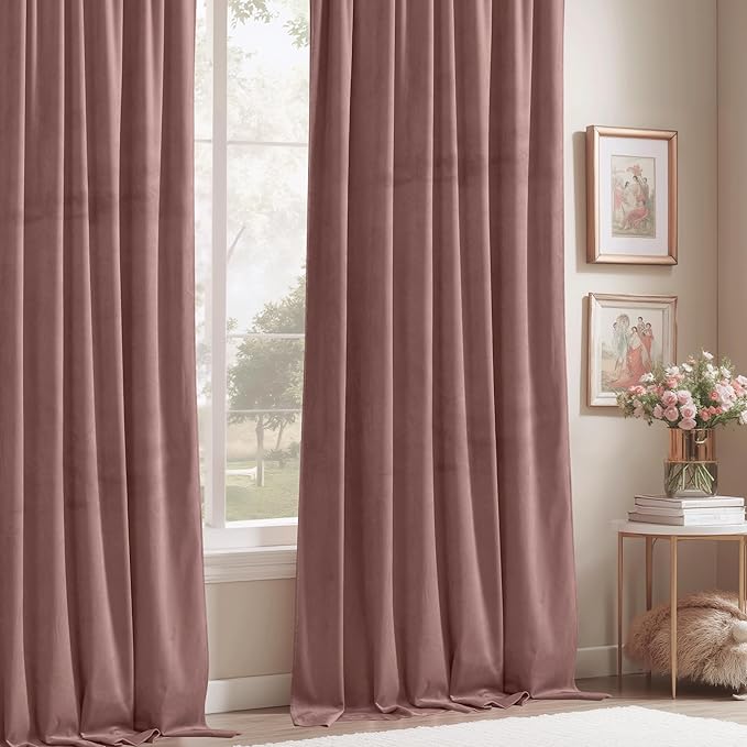 StangH Wide Rose Velvet Curtains - 96 inches Long Heavy Thick Window Drapes for Living Room, Room Darkening Thermal Insulated Home Decoration for Sliding Glass Door, W52 x L96, 2 Panels