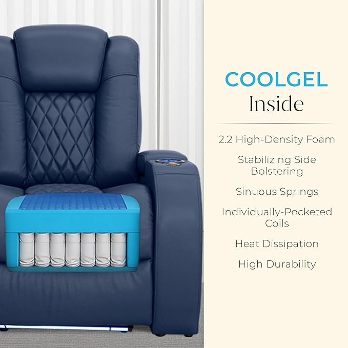 Seatcraft Diamante Zero-Gravity CoolZero Italian Leather Home Theater Seating, Power Headrest, Power Recline, Row of 2, Navy Blue