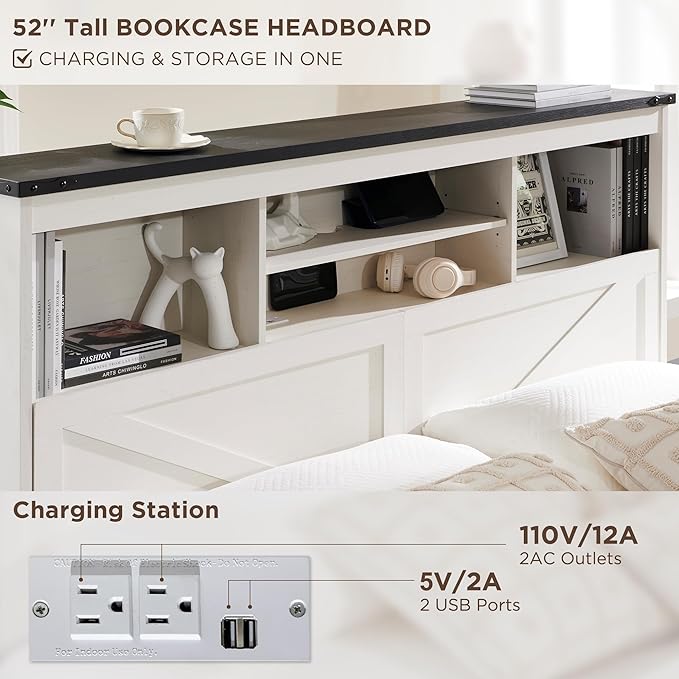 ACCOHOHO King Bed Frame Farmhouse with 52" Storage Bookcase Headboard, 4 Drawers Wooden Bed Frame, LED Light, Charging Station - White