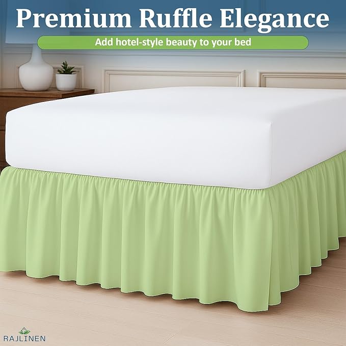 Rajlinen Ruffled Bed Skirt Full, 24 Inch Drop Dust Ruffle with Split Corners, 100% Microfiber Bedskirt with Platform, Three-Sided Coverage Ruffled Gathering Design, Sage