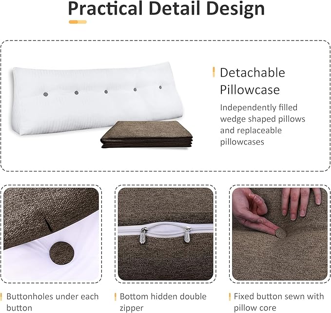homecozy Wedge Headboard Pillow Dorm Room Reading Pillow Back Support for Sitting Up in Bed Bolster Lumbar Cushion Body Positioning Bedrest Cotton Linen 39in Coffee Twin