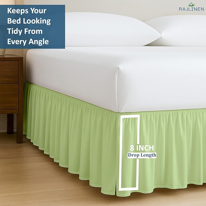 Rajlinen Ruffled Bed Skirt California King, 8 Inch Drop Dust Ruffle with Split Corners, 100% Microfiber Bedskirt with Platform, Three-Sided Coverage Ruffled Gathering Design, Sage