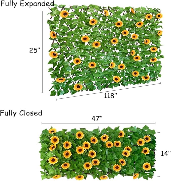 Sumery Expandable Fence Privacy Screen for Balcony Patio Outdoor,Decorative Faux Ivy Fencing Panel,Artificial Hedges (Single Sided Leaves) (2, Sunflowers)