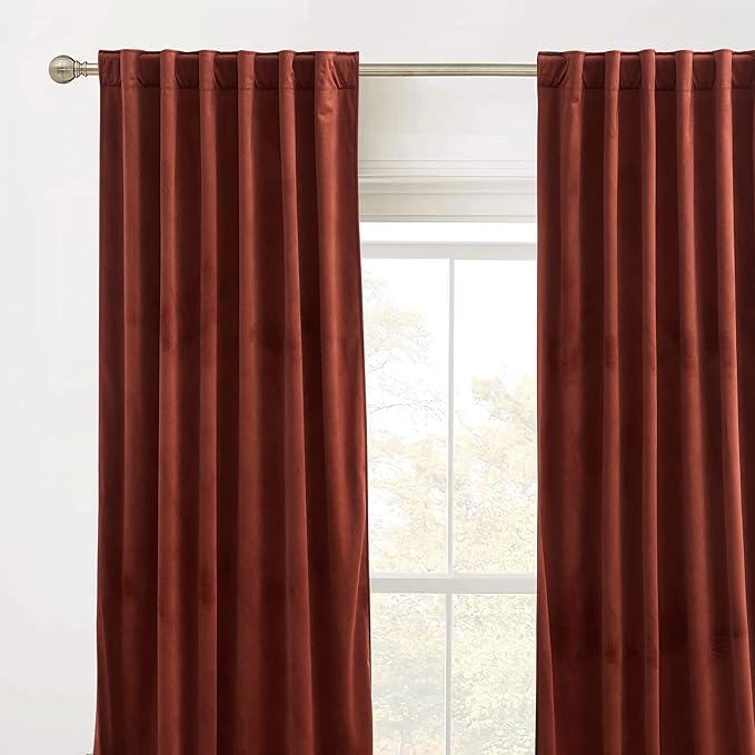 RYB Home Rust Red Velvet Curtains 84 inches Long, Thermal Insulated Panel for Bedroom Room Darkening Window Treatment for Holiday Backdrop Privacy Drapes for Guest Room, W52 x L84, 2 Panels