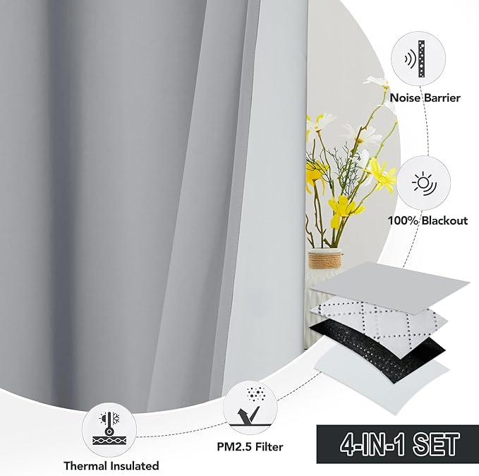 RYB HOME Soundproof & Dust Particle Filtering Curtains Blackout Window Treatment for Bedroom Living Room Divider Nursery Daytime Sleeping Patio Door, Silver Grey, W52 x L 102 inch, 2 Panels