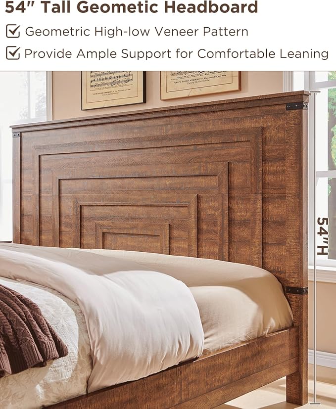 T4TREAM Farmhouse Queen Size Bed Frame with 54" Tall Geometric Headboard & 2 Large Storage Drawers, Rustic Wood Platform Bed with Wood Slats Support, No Box Spring Needed, Reclaimed Barnwood