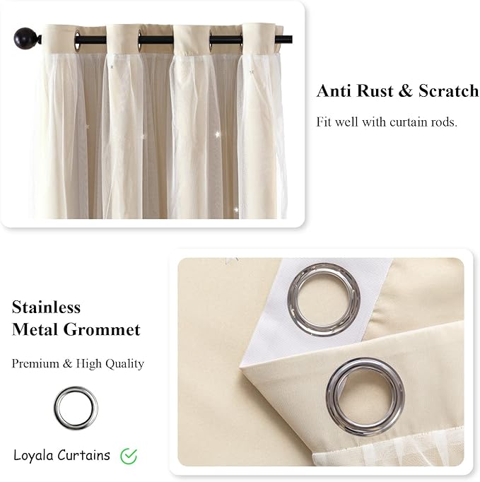 Star Blackout Curtains for Bedroom - Cream & Ivory, 108 Inch Long 2 Panel Set, 52 x 108 Inch