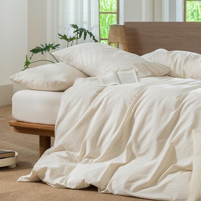 MooMee Striped Duvet Cover Set 100% Washed Cotton Linen Like Textured Breathable Durable Soft Comfy (Almond Milk Grey Pinstripes, Oversized King Plus 128"x120")